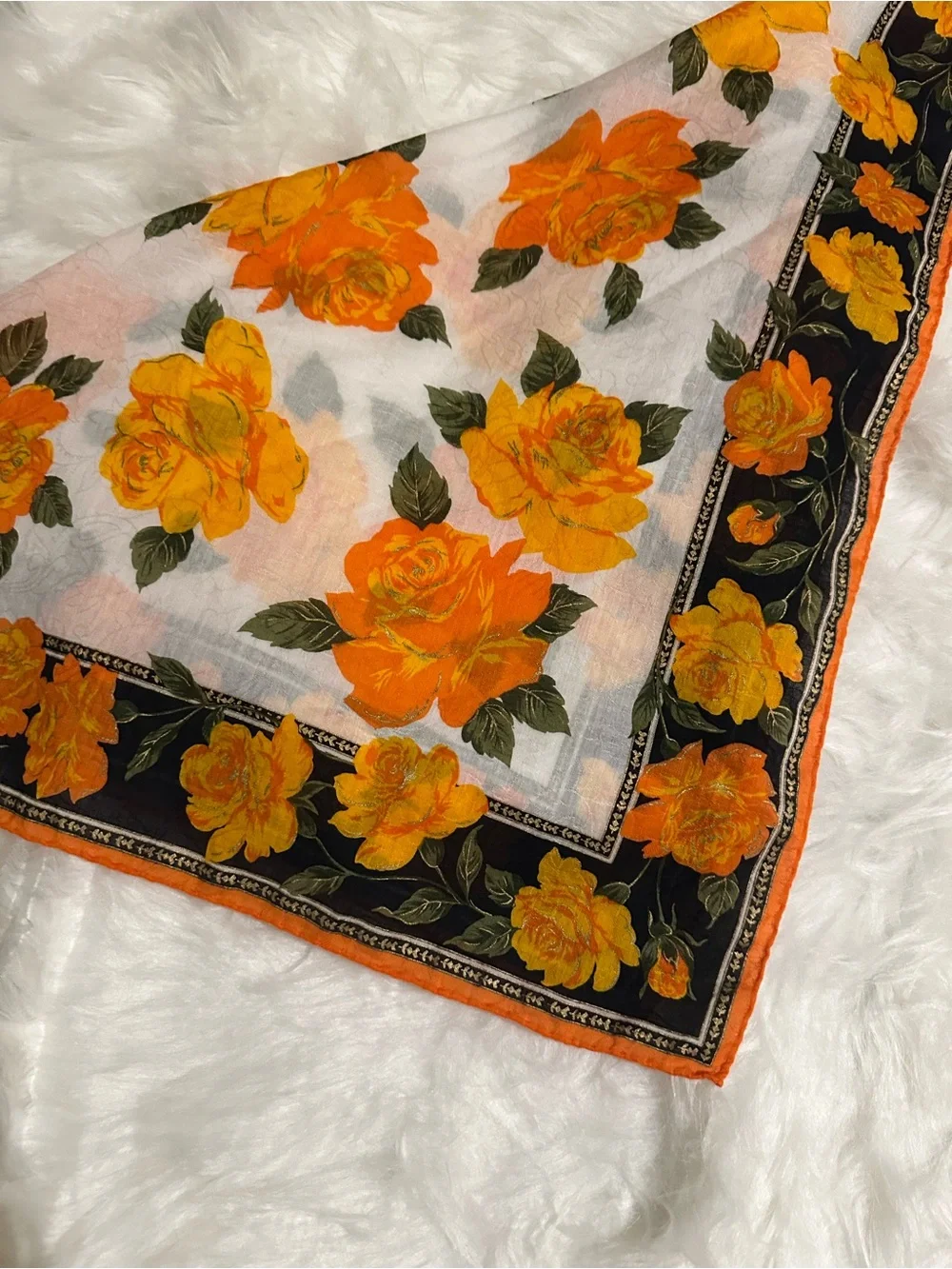 Yves Saint Laurent Floral Cotton Square Scarf Orange Yellow Roses 19” - Picture 5 of 7